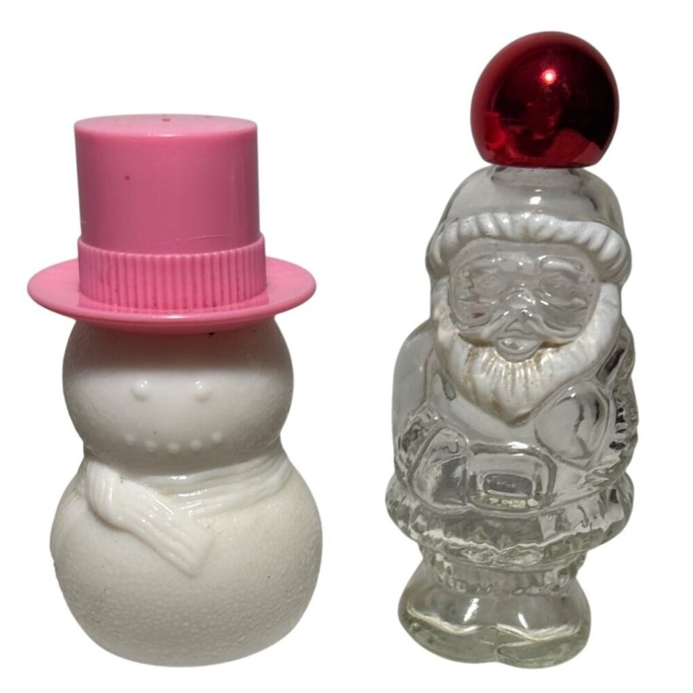 Avon Bottles Snowman Pink Hat Milk Glass & Santa Claus Clear Glass Container Set